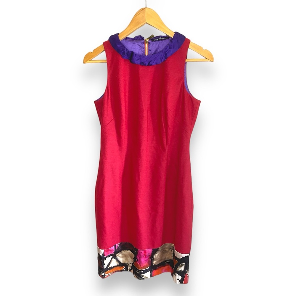 Elie Tahari Red and Purple Printed Sleeveless Sheath Zipper Back High Neck Dress